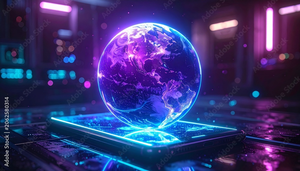 Fototapeta premium Global technology network with glowing fiber optics and digital connections around a blue earth sphere