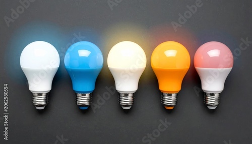 Colorful light bulbs glowing with bright energy and ideas on a vibrant background