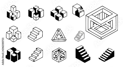Tableau sur toile Impossible Objects Collection: Optical Illusions, Geometric Shapes, Escher Style