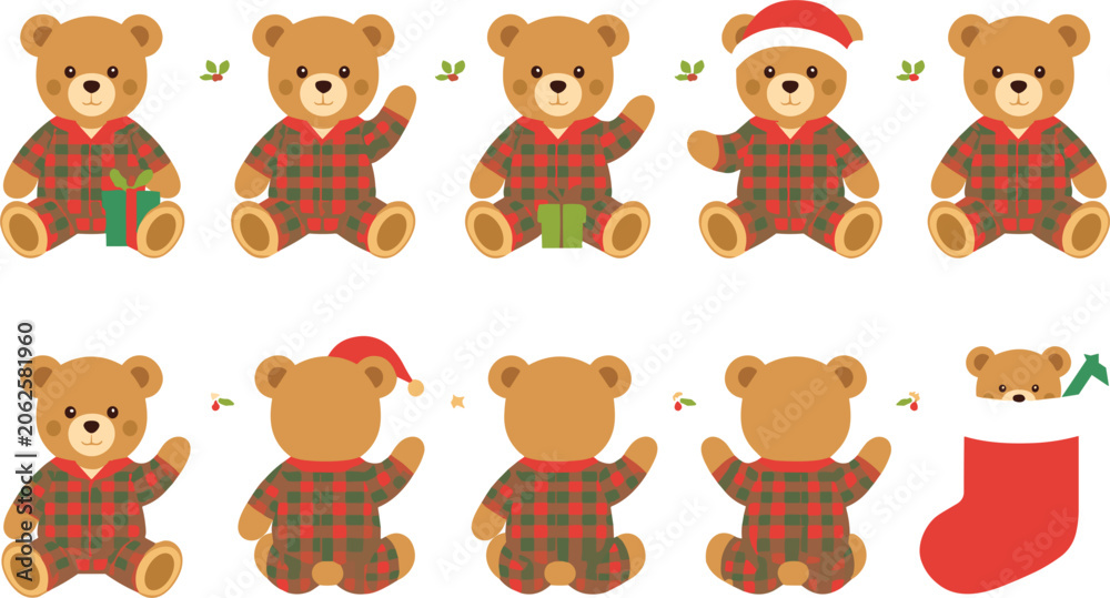 Fototapeta premium Cute Christmas Teddy Bear Character Set Wearing Plaid Pajamas and Santa Hat for Holiday Greeting Cards, Winter Decor, and Seasonal Stickers