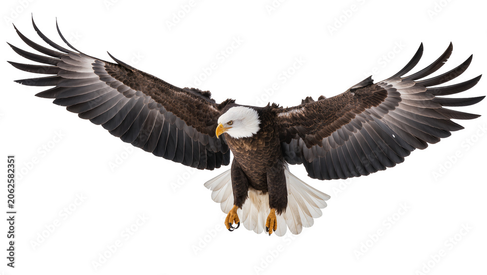 Fototapeta premium Bald eagle with wings spread wide, flying forward