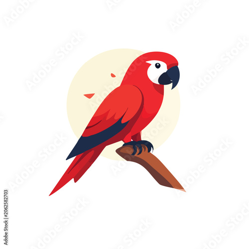 Vibrant Scarlet Macaw Perched on a Branch Flat Illustration.