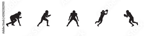 American football players icon set. Athletes silhouettes in helmets running, catching ball and blocking. Team sport match and championship concept. Vector illustration.