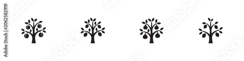 Garden fruit trees icon set. Organic citrus, lemon, pear and orange plant symbols with ripe fruits and leaves. Vector illustration.