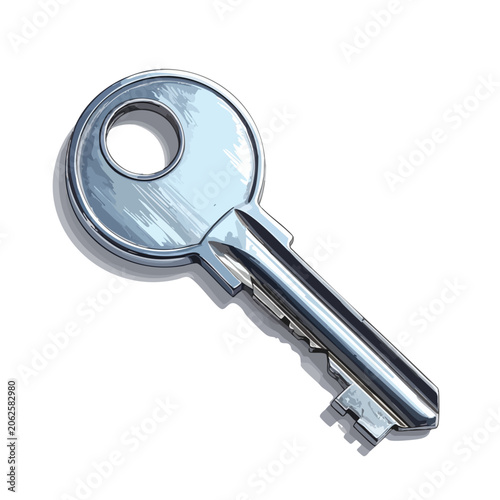 A single silver metal house key isolated on white background.