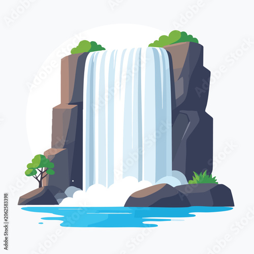 Cartoon waterfall illustration with rocky cliffs and blue water.