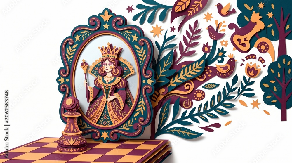 Naklejka premium Whimsical 3D Layered Paper Art Chess Queen and Fantasy Garden Mirror