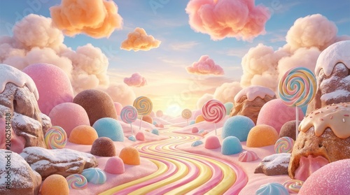 Whimsical candy land pathway with lollipop trees and pastel clouds at sunset
