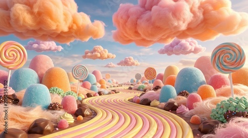 Whimsical candy land landscape with lollipop trees and pastel clouds digital illustration