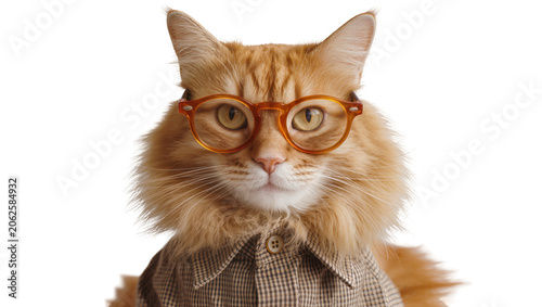 Принти на полотні Orange tabby cat wearing glasses and plaid shirt