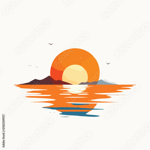 Minimalist vector illustration of a scenic sunset over calm ocean waters.