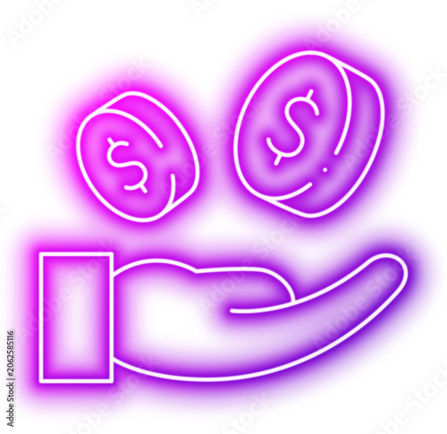 Hand holding coins with dollar symbols. Neon glowing effect icon