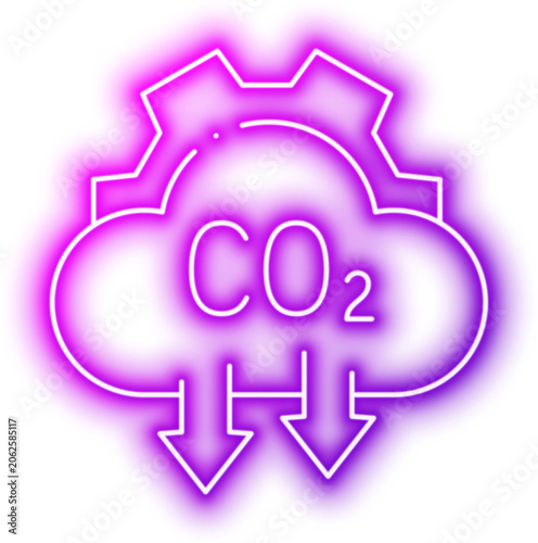 Carbon dioxide emission reduction icon with gear and cloud elements. Neon glowing effect icon