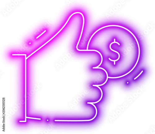 Thumbs up with dollar sign coin icon indicating financial success and approval. Neon glowing effect icon