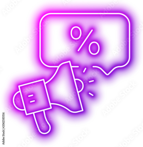 Marketing announcement: megaphone with percent symbol for promotions and discounts. Neon glowing effect icon