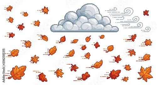 Fotografie Pixel Art Autumn Leaves Falling from Windy Cloud, Season Change