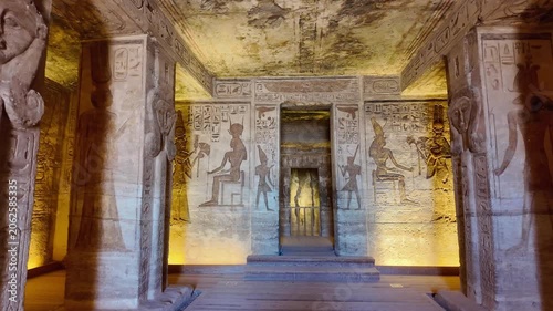 Majestic interior of the small temple of abu simbel, dedicated to the goddess hathor and nefertari, showing detailed hieroglyphs