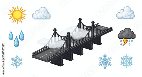Fotografie Pixel Art Bridge with Weather Icons: Sun, Rain, Snow, Storm