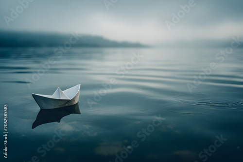 A delicate paper boat floats peacefully on still water, reflecting an overcast sky. A serene scene of solitude and gentle journey.
