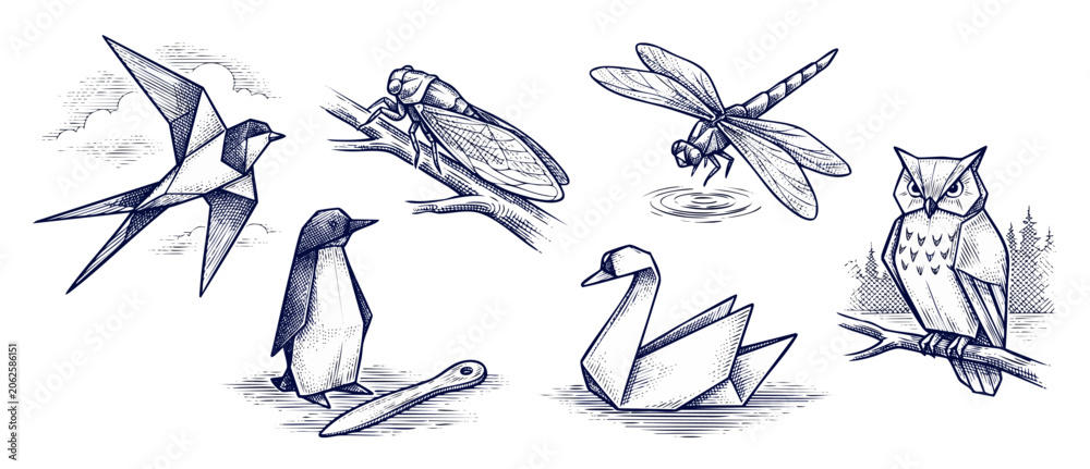 Fototapeta premium Origami animal engraving line art set of geometric paper birds and insects sketched in vintage etching style isolated on a white background conveying nostalgic retro concept through detailed drawings