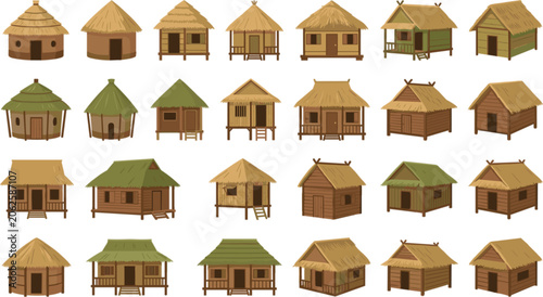 Obraz na płótnie Traditional Bamboo Straw Hut Vector Icon Set Featuring Thatch Roof Bungalows Tri