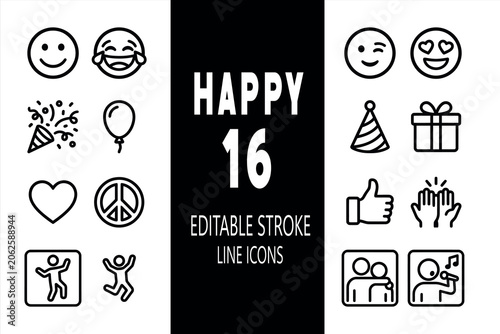 Set of 16 modern, clean line icons related to happiness, celebrations, and festive events, featuring editable strokes for versatile and professional design projects.