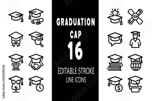 Set of 16 modern, clean line icons related to graduation, education, and academic achievement, featuring editable strokes for versatile and professional design projects.