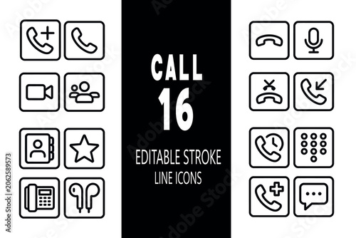 Set of 16 modern, clean line icons related to phone calls, communication, and contact management, featuring editable strokes for versatile design projects.