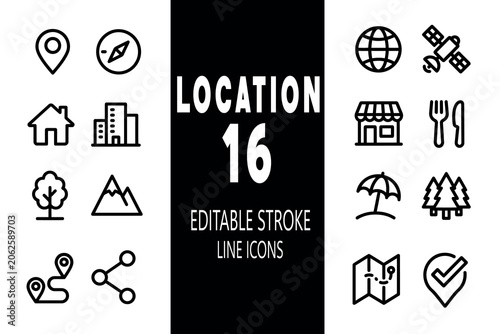 Set of 16 modern, clean line icons related to location, navigation, and geography, featuring editable strokes for versatile design projects.