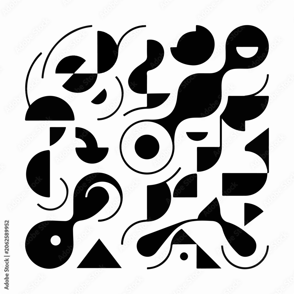 Fototapeta premium A black and white abstract composition featuring various shapes