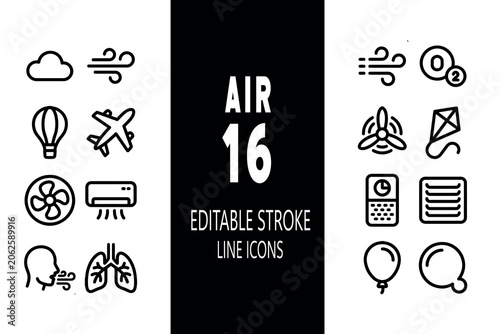 Set of 16 modern, clean line icons related to air quality, ventilation, and breathing, featuring editable strokes for versatile design projects.