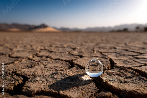 A crystal ball on dry, cracked earth in an arid landscape, reflecting a blue sky, symbolizing drought, climate change, and environmental challenges.