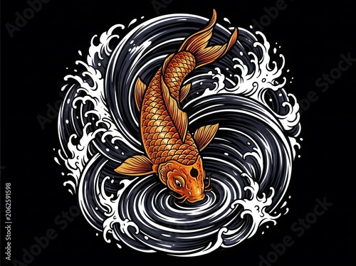 Golden Koi Fish Diving in Circular Wave Japanese Tattoo Art on Black Background