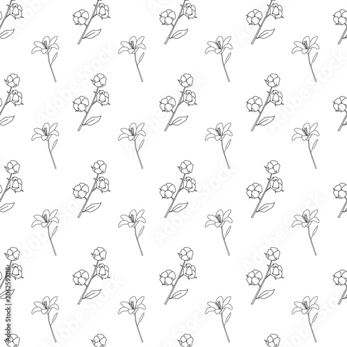 Seamless diagonal floral pattern with alternating large bloom and double blossom stems, minimalist line art on white background, elegant botanical design for textiles, wallpapers