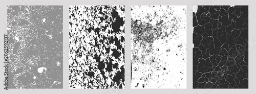 Set of four grayscale distressed textures, including corroded surface, high-contrast porous pattern, scattered speckled debris, and cracked earth design, abstract grunge