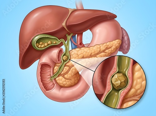 Gallstone Blocking Common Bile Duct with Close up Cross Section Diagram