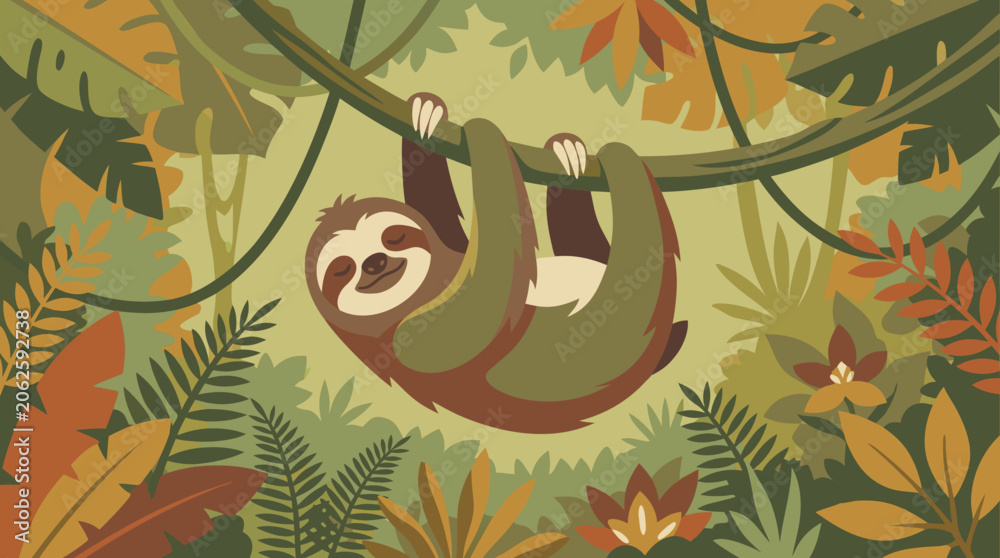 Fototapeta premium A beautiful flat vector illustration depicting a professional and artistic scene of a sloth in a beautifully detailed sloth hanging upside down from a tree branch in a tropical jungle.