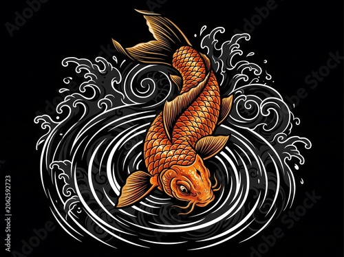 Golden Koi Fish Diving in Circular Wave Japanese Tattoo Art on Black Background