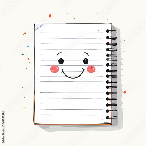 Cute hand drawn spiral notebook with a happy smiling face character.