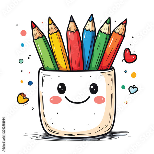 Cute Kawaii Pencil Holder with Colorful Pencils.