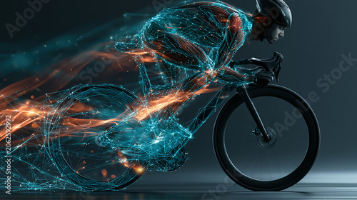 Cyclist in Abstract Light Trails with Digital Network, Motion Blur, Speed