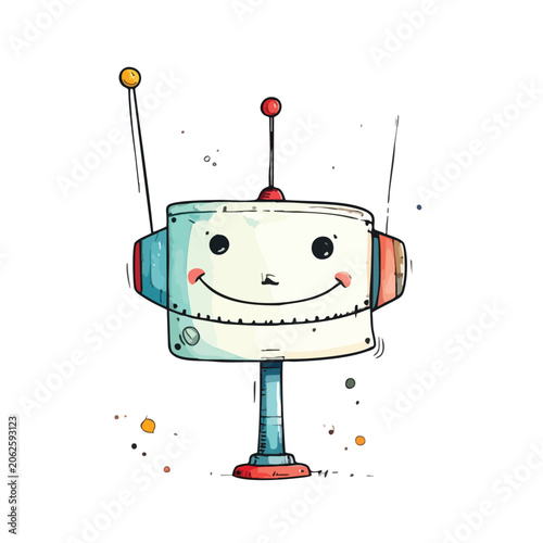 Cute hand drawn illustration of a friendly robot head.