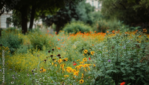 Wildflower meadow in an urban park with yellow and orange bloom, green foliage, tree shade and distant building suggesting nature within city.