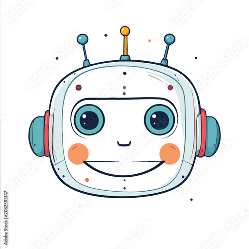 Cute cartoon robot head with smiling expression and antennas.