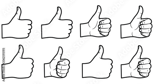 Photography Eight Black And White Line Art Illustrations Of Thumbs up Hand Gestures