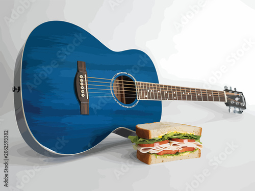 Blue Guitar and Sandwich on White Background