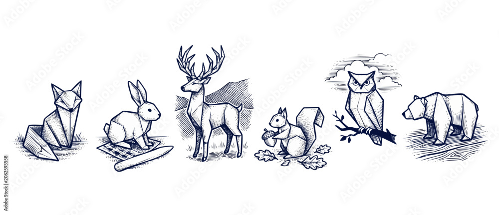 Obraz premium Geometric forest animal vector set of origami style minimalist icons. Detailed line art illustrations of woodland wildlife including fox, rabbit, deer, squirrel, owl, and bear in engraving style art.