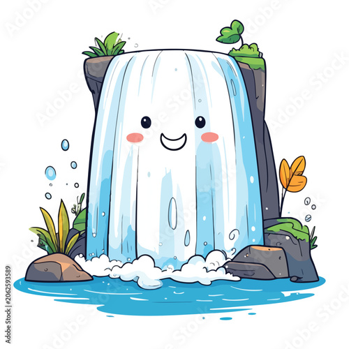 Cute cartoon waterfall character with happy face and flowing water.