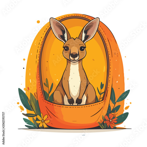 Cute cartoon kangaroo portrait inside a decorative orange frame.