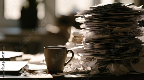 Coffee spill paperwork desk office stack mug clutter chaos stress evening light shallow focus